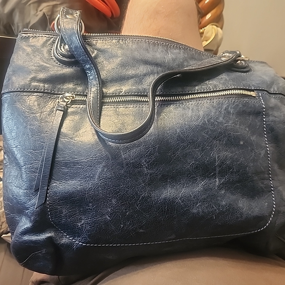 Coach Navy Leather Shoulder Bag with Front Zip Pocket